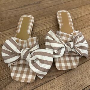 JAGGAR The Label Bow Stripe Toffee Brown Gingham Knotted Heel Slide Sandals